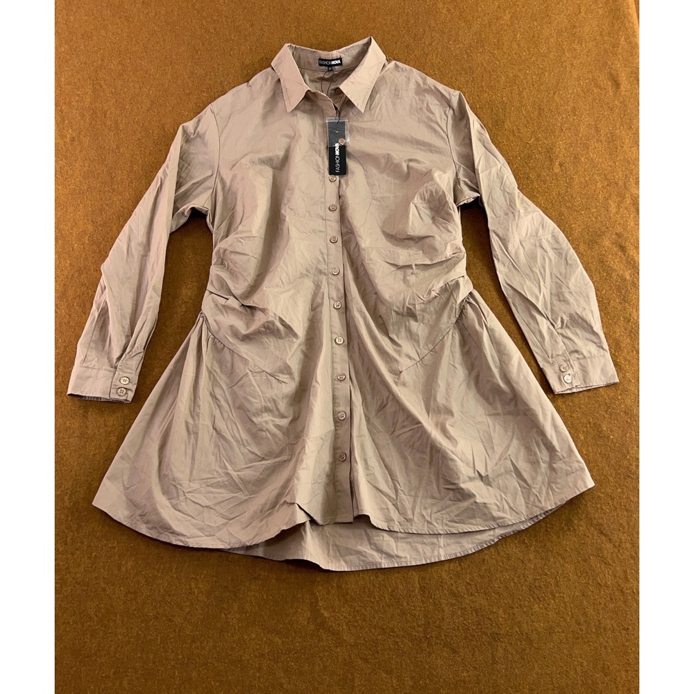 Fashion Nova Womens 1X Mocha Friday Feels Ruched Cotton Shirt Dress NWT